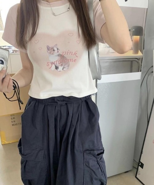 almo（アルモ）の「キャットプリントラグランチビTシャツ(BQ)（Tシャツ/カットソー・レディース・ブラック/ピンク・FREE）」の4枚目の写真