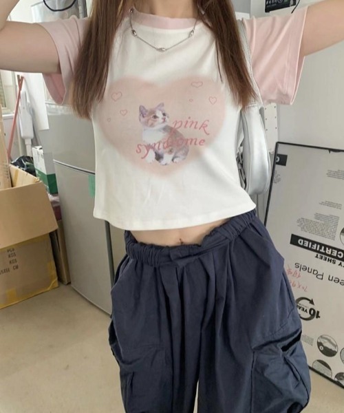 almo（アルモ）の「キャットプリントラグランチビTシャツ(BQ)（Tシャツ/カットソー・レディース・ブラック/ピンク・FREE）」の7枚目の写真