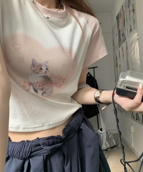 almo（アルモ）の「キャットプリントラグランチビTシャツ(BQ)（Tシャツ/カットソー・レディース・ブラック/ピンク・FREE）」の5枚目の写真