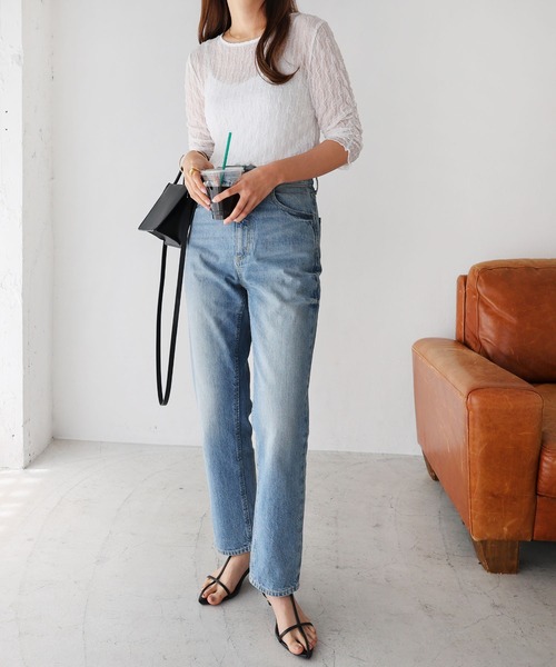 andme(アンドミー)の「シャーリングシアー半袖トップス(Tシャツ/カットソー・レディース・オフホワイト/ブラック/ミント/アイボリー・FREE)」の5枚目の写真