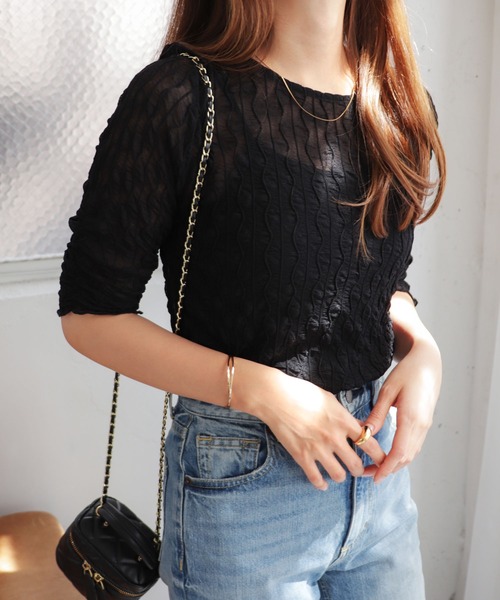 andme(アンドミー)の「シャーリングシアー半袖トップス(Tシャツ/カットソー・レディース・オフホワイト/ブラック/ミント/アイボリー・FREE)」の6枚目の写真