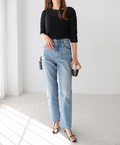 andme(アンドミー)の「シャーリングシアー半袖トップス(Tシャツ/カットソー・レディース・オフホワイト/ブラック/ミント/アイボリー・FREE)」の8枚目の写真