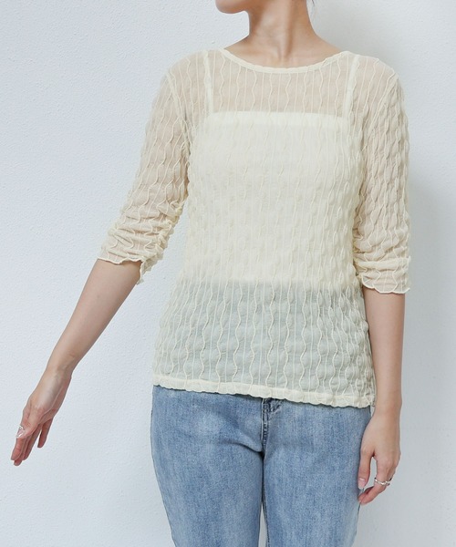 andme(アンドミー)の「シャーリングシアー半袖トップス(Tシャツ/カットソー・レディース・オフホワイト/ブラック/ミント/アイボリー・FREE)」の16枚目の写真