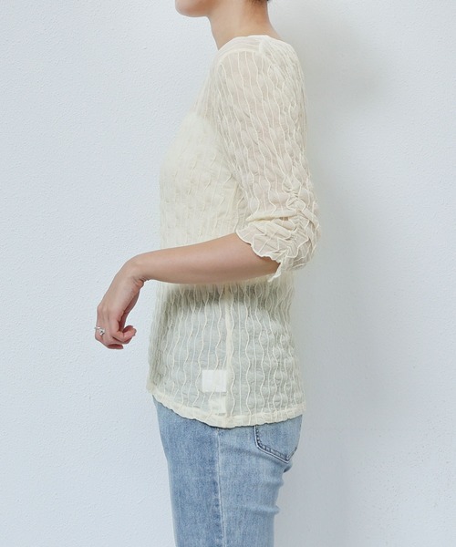 andme(アンドミー)の「シャーリングシアー半袖トップス(Tシャツ/カットソー・レディース・オフホワイト/ブラック/ミント/アイボリー・FREE)」の17枚目の写真