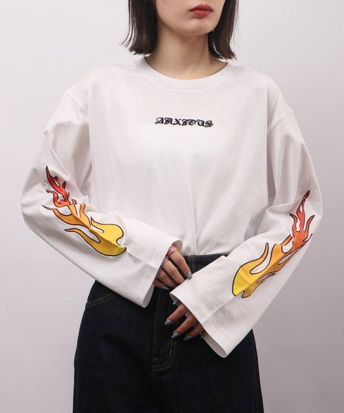 spiritoso（スピリトーゾ）の「spiritoso 天竺袖ゆるロンT(ファイヤー) 長袖（Tシャツ/カットソー・メンズ・オフホワイト/ブラック・M）」の4枚目の写真