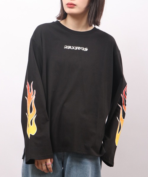 spiritoso（スピリトーゾ）の「spiritoso 天竺袖ゆるロンT(ファイヤー) 長袖（Tシャツ/カットソー・メンズ・オフホワイト/ブラック・M）」の9枚目の写真