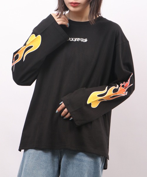 spiritoso（スピリトーゾ）の「spiritoso 天竺袖ゆるロンT(ファイヤー) 長袖（Tシャツ/カットソー・メンズ・オフホワイト/ブラック・M）」の12枚目の写真