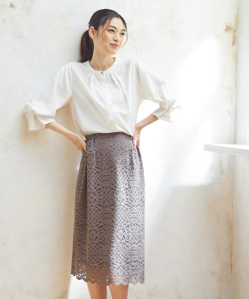 Honeys（ハニーズ）の「７分袖バンドカラーブラウス（シャツ/ブラウス・レディース・ダークネイビー/ブラウン/アイボリー/ブルーグリーン/ピンク系その他・S/M/L/LL/3L）」の22枚目の写真