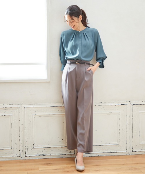 Honeys（ハニーズ）の「７分袖バンドカラーブラウス（シャツ/ブラウス・レディース・ダークネイビー/ブラウン/アイボリー/ブルーグリーン/ピンク系その他・S/M/L/LL/3L）」の14枚目の写真