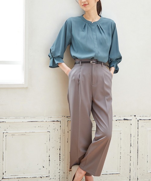 Honeys（ハニーズ）の「７分袖バンドカラーブラウス（シャツ/ブラウス・レディース・ダークネイビー/ブラウン/アイボリー/ブルーグリーン/ピンク系その他・S/M/L/LL/3L）」の6枚目の写真