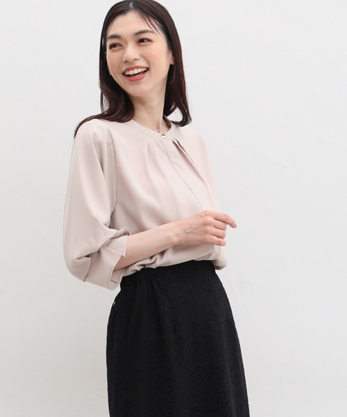 Honeys（ハニーズ）の「７分袖バンドカラーブラウス（シャツ/ブラウス・レディース・ダークネイビー/ブラウン/アイボリー/ブルーグリーン/ピンク系その他・S/M/L/LL/3L）」の19枚目の写真