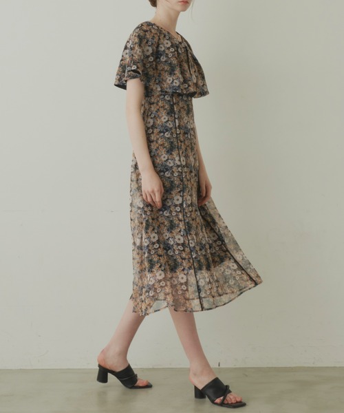 elegant flower onepiece/花柄ケープ襟ワンピース（ワンピース）｜idem 