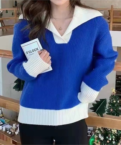 Chick(チック)の「▲バイカラー襟付き長袖リブニットトップス(ニット/セーター・レディース・ブラック/レッド/ピンク/ホワイト/ブルー・FREE)」の4枚目の写真