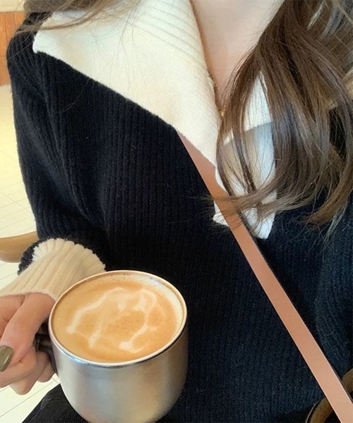 Chick(チック)の「▲バイカラー襟付き長袖リブニットトップス(ニット/セーター・レディース・ブラック/レッド/ピンク/ホワイト/ブルー・FREE)」の7枚目の写真