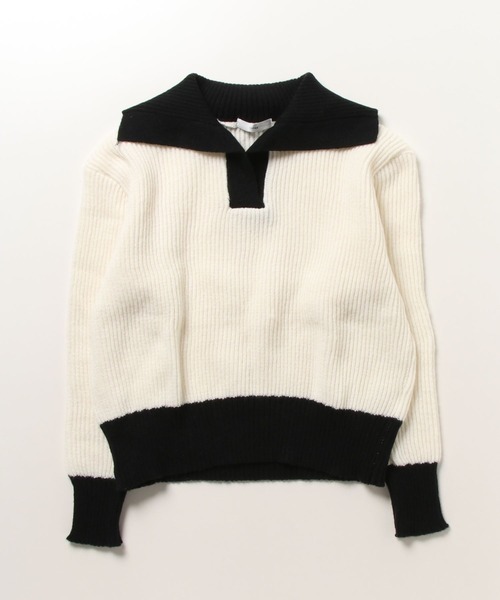 Chick（チック）の「△バイカラー襟付き長袖リブニットトップス
