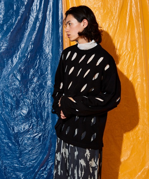 Adoon plain（アドーンプレーン）の「slash cut knit（ニット/セーター・メンズ・ブラック/アイボリー/グリーン・MEDIUM/LARGE）」の8枚目の写真