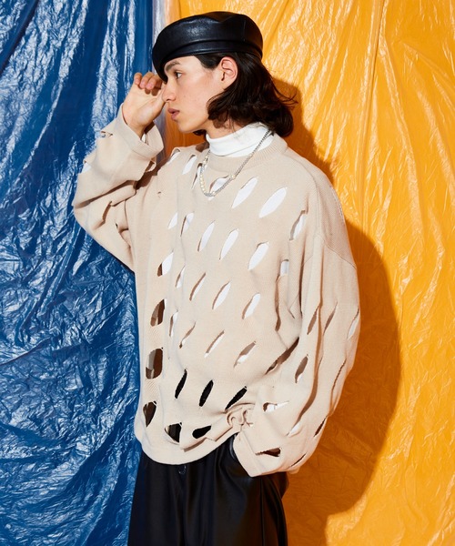 Adoon plain（アドーンプレーン）の「slash cut knit（ニット/セーター・メンズ・ブラック/アイボリー/グリーン・MEDIUM/LARGE）」の15枚目の写真