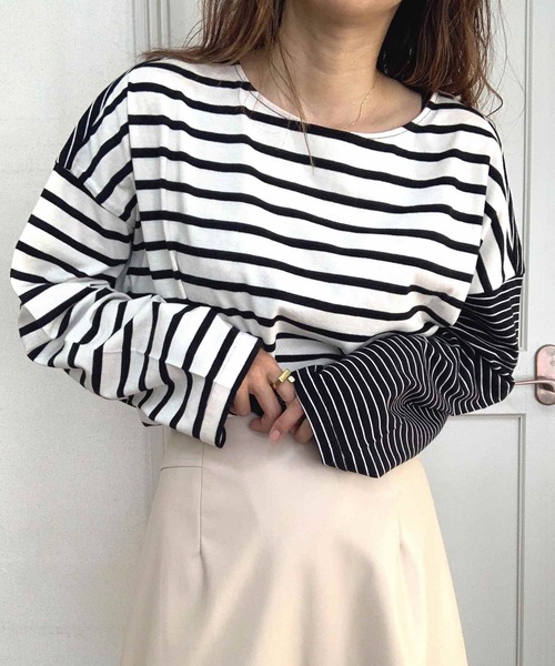 Q（キュー）の「ボーダーロンT（Tシャツ/カットソー・レディース・ホワイト系/ブラック系・MEDIUM）」の2枚目の写真