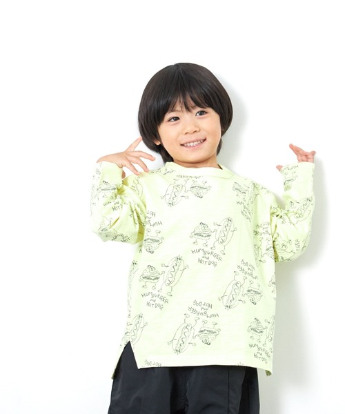 MAKE YOUR DAY（メイクユアデイ）の「HUMBERGER＆HOTDOG総柄長袖Tシャツ■80～140cm（Tシャツ/カットソー・キッズ・オレンジ/イエロー・140/130/80/120/90/110/100）」の3枚目の写真