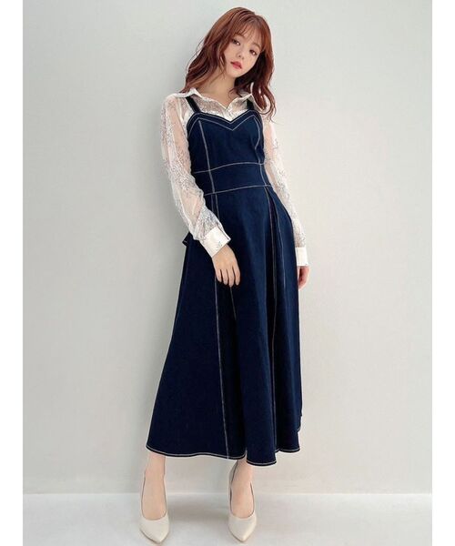 RESEXXY（リゼクシー）の「プリーツフレアデニムジャンスカ（ジャンパースカート・レディース・インディゴブルー/ホワイト/ブラック・FREE）」の9枚目の写真