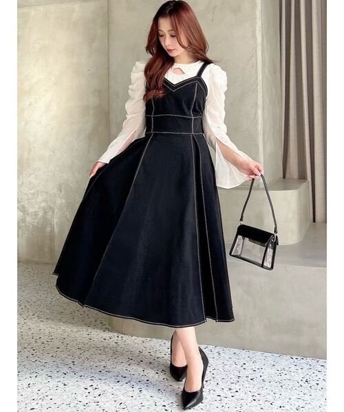 RESEXXY（リゼクシー）の「プリーツフレアデニムジャンスカ（ジャンパースカート・レディース・インディゴブルー/ホワイト/ブラック・FREE）」の12枚目の写真