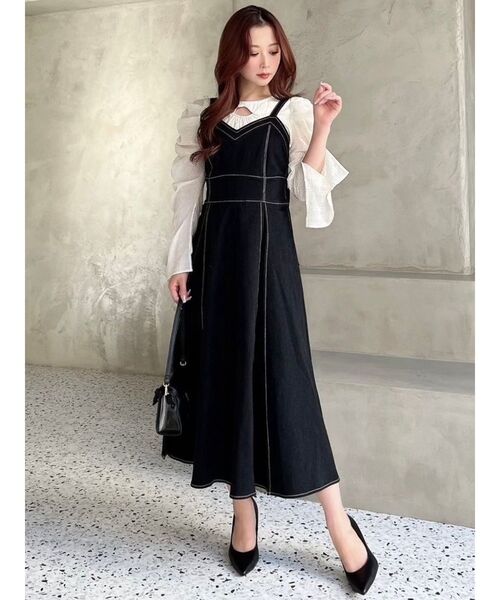 RESEXXY（リゼクシー）の「プリーツフレアデニムジャンスカ（ジャンパースカート・レディース・インディゴブルー/ホワイト/ブラック・FREE）」の15枚目の写真