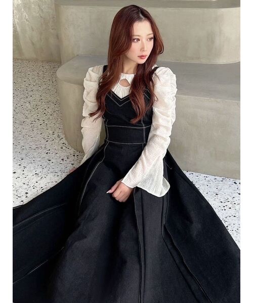 RESEXXY（リゼクシー）の「プリーツフレアデニムジャンスカ（ジャンパースカート・レディース・インディゴブルー/ホワイト/ブラック・FREE）」の16枚目の写真