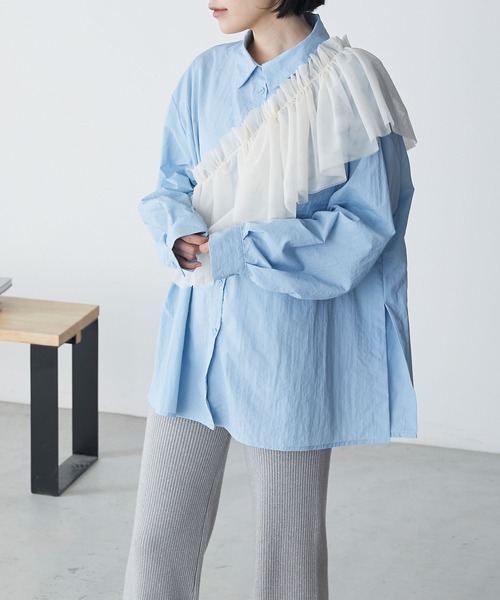 forksy.(フォルクシー)の「【forksy.】ワッシャータフタマルチwayフリルセットシャツ(シャツ/ブラウス・レディース・ホワイト/アイボリー/ライトブルー・FREE)」の3枚目の写真