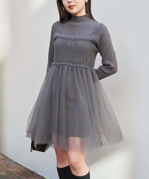 epine チュールワンピース　ミニワンピース épine tulle flower rib knit onepiece（2color） |