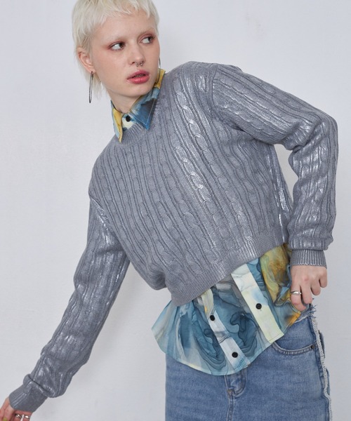 casane（カサネ）の「箔プリントケーブルニット（ニット/セーター・レディース・ブラック/グレー・FREE）」の16枚目の写真