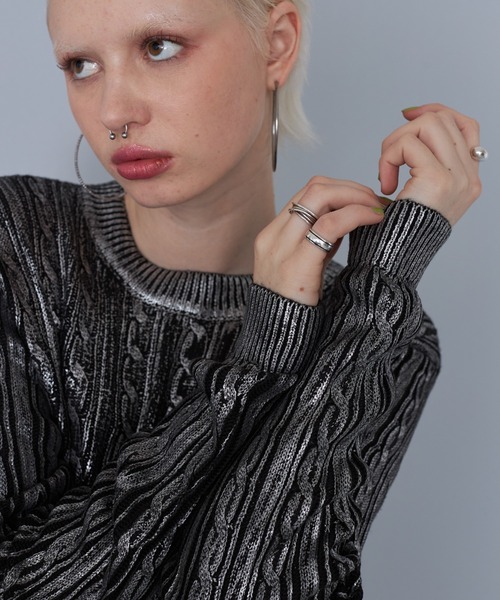 casane（カサネ）の「箔プリントケーブルニット（ニット/セーター・レディース・ブラック/グレー・FREE）」の9枚目の写真