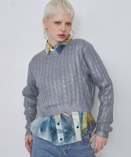 casane（カサネ）の「箔プリントケーブルニット（ニット/セーター・レディース・ブラック/グレー・FREE）」の15枚目の写真