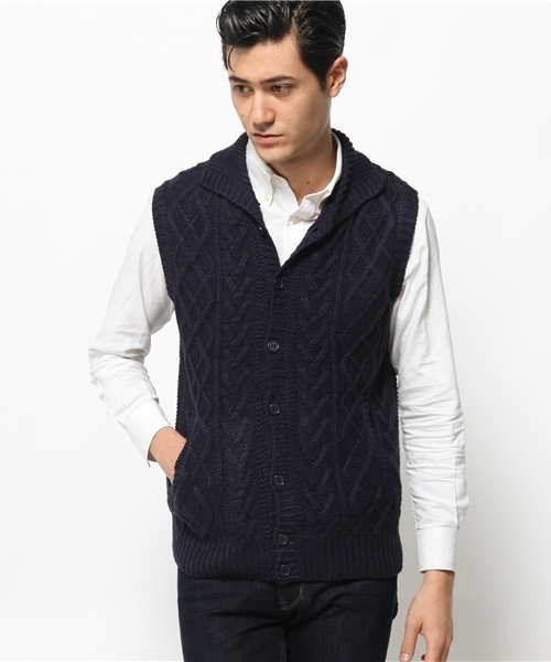 SEVENDAYS=SUNDAY（セブンデイズサンデイ）の「バルキーアクリル　ケーブルニットベスト（ベスト・メンズ・オフホワイト/ネイビー・MEDIUM/LARGE）」の2枚目の写真