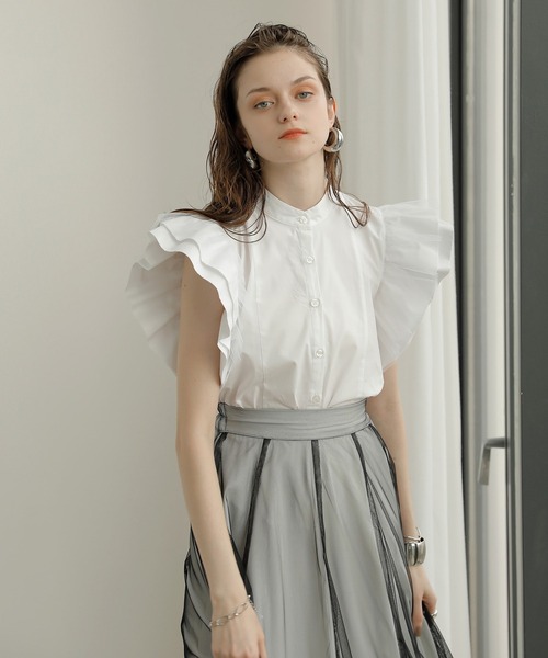 PETAL SLEEVE COMPACT BLOUSE ブルー