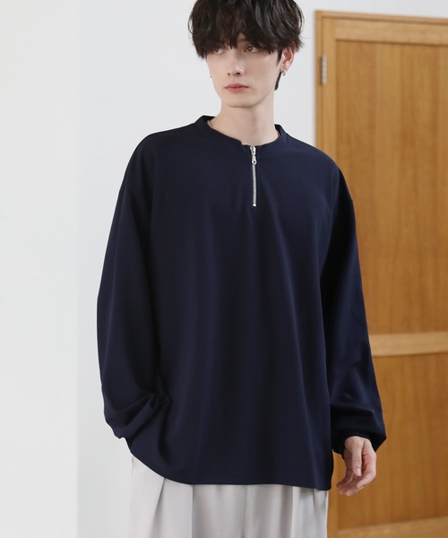 ETELIO（エテリオ）の「梨地クルーネックハーフジップ長袖カットソー（Tシャツ/カットソー・メンズ・ブラック/ワイン/ライトグレー/ホワイト/ネイビー・L/M/S）」の4枚目の写真