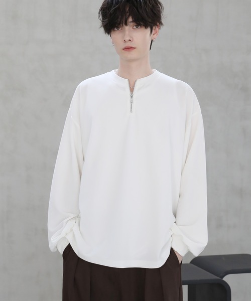 梨地クルーネックハーフジップ長袖カットソー（Tシャツ