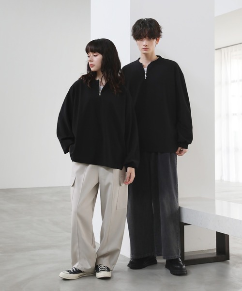 ETELIO（エテリオ）の「梨地クルーネックハーフジップ長袖カットソー（Tシャツ/カットソー・メンズ・ブラック/ワイン/ライトグレー/ホワイト/ネイビー・L/M/S）」の14枚目の写真