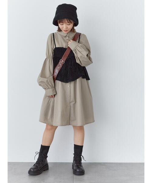 ehka sopo(エヘカソポ)の「シャーリングミニシャツワンピース(ワンピース・レディース・ブラック/オフホワイト/ベージュ・F)」の19枚目の写真