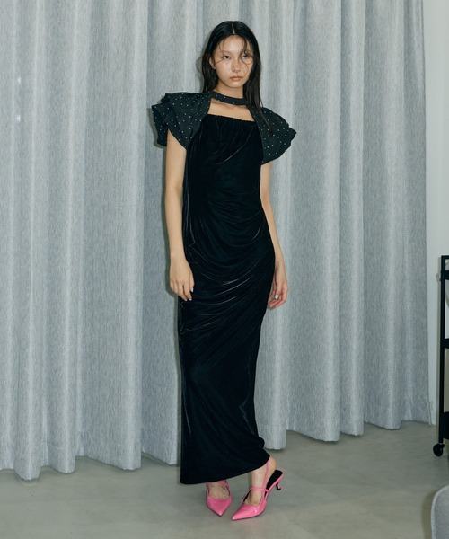 ANDRESD ドレープベロアドレス　ブラックパーティードレス Mサイズ drape velour dress / ドレープベロアドレス（ドレス）｜ANDRESD