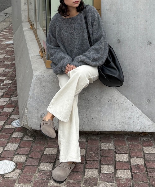 ハンドウォッシャブル】ウール混起毛ヘンリーニット（ニット/セーター