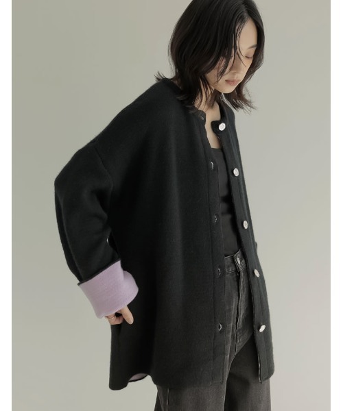 セール】バイカラー金釦起毛ニットコート（カーディガン/ボレロ）｜Re