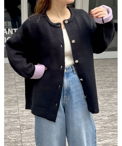 セール】バイカラー金釦起毛ニットコート（カーディガン/ボレロ）｜Re