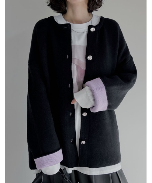 セール】バイカラー金釦起毛ニットコート（カーディガン/ボレロ）｜Re