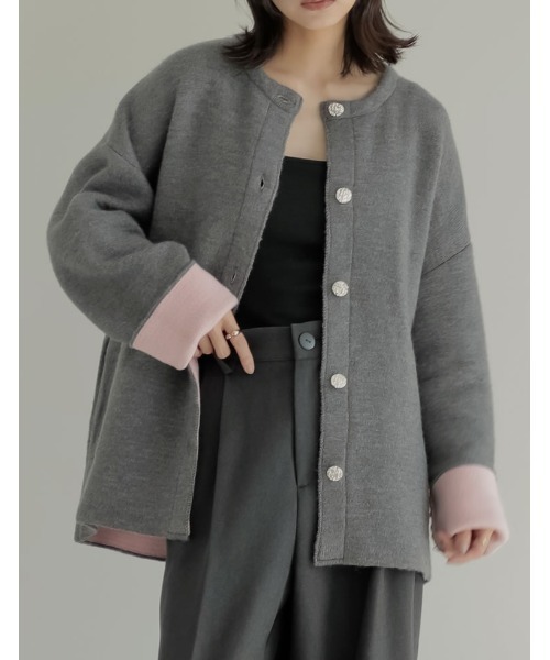セール】バイカラー金釦起毛ニットコート（カーディガン/ボレロ）｜Re