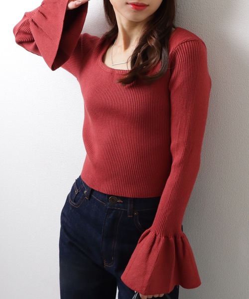 Lace Ladies(レースレディース)の「Uネック トランペットスリーブ リブニット セーター トップス(ニット/セーター・レディース・ブラック/ホワイト/レッド・FREE)」の19枚目の写真
