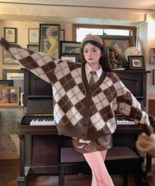 セール】シャギーアーガイル柄vネックニットカーディガン