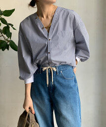 DouDou | ストライプGOLDボタンVVシャツ(シャツ/ブラウス)