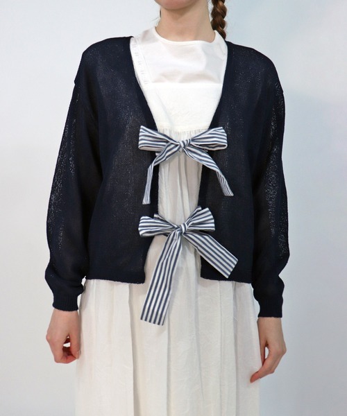 haupia（ハウピア）の「いにしえのリボンカーディ【ニット】（カーディガン/ボレロ・レディース・ブラック/ホワイト×ブラック/チャコールグレー/ベージュ/ネイビー・MEDIUM）」の5枚目の写真