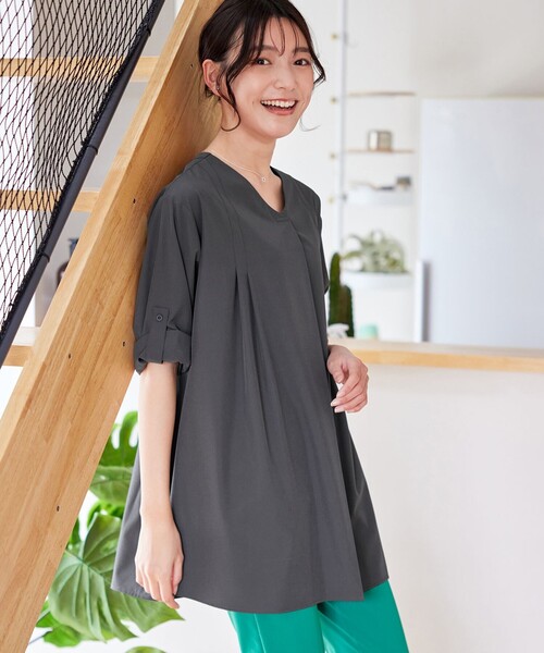 ブラウス シャツ ストレッチタフタタックチュニックブラウス レディース ストレッチタフタタックチュニックブラウス（シャツ/ブラウス