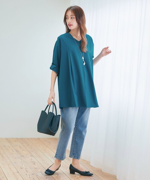 ブラウス シャツ ストレッチタフタタックチュニックブラウス レディース ストレッチタフタタックチュニックブラウス（シャツ/ブラウス